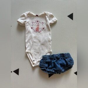 Carter’s|Baby girl summer outfit,White bodysuit with fox print & denim shorts•